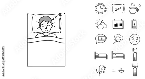 Line art illustration of a person struggling with insomnia in bed, surrounded by various sleep-related icons and symbols depicting time, energy, and emotions.