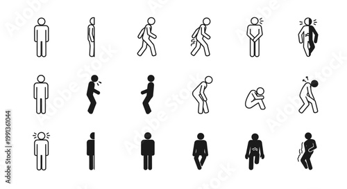 A collection of stick figures illustrating various human postures, emotions, and physical conditions, including standing, walking, pain, sadness, and anxiety.
