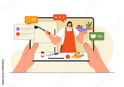 Cooking Blog Illustration Online Food Content Creator With Kitchen Setup Camera Live Streaming Recipe Tutorial and Social Media Engagement Design