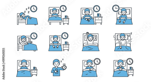 Set of vector illustrations showing a person's sleep and wake cycle, including sleeping, waking, and morning routines, with various actions in bed.