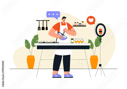 Cooking Blog Illustration Online Food Content Creator With Kitchen Setup Camera Live Streaming Recipe Tutorial and Social Media Engagement Design