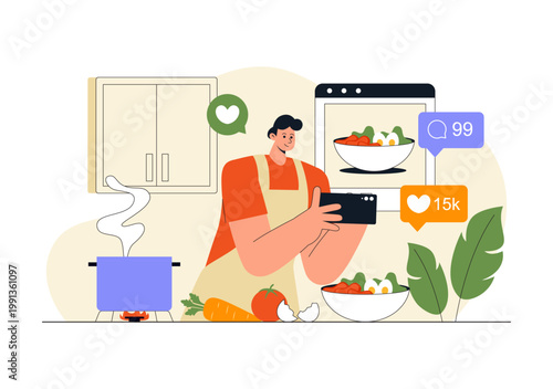 Cooking Blog Illustration Online Food Content Creator With Kitchen Setup Camera Live Streaming Recipe Tutorial and Social Media Engagement Design