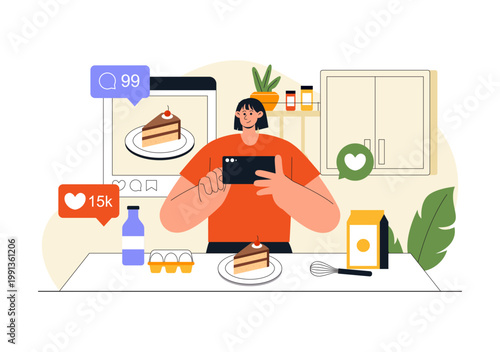 Cooking Blog Illustration Online Food Content Creator With Kitchen Setup Camera Live Streaming Recipe Tutorial and Social Media Engagement Design