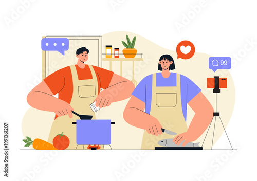 Cooking Blog Illustration Online Food Content Creator With Kitchen Setup Camera Live Streaming Recipe Tutorial and Social Media Engagement Design