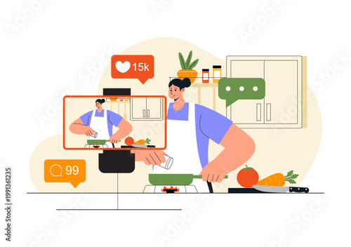 Cooking Blog Illustration Online Food Content Creator With Kitchen Setup Camera Live Streaming Recipe Tutorial and Social Media Engagement Design