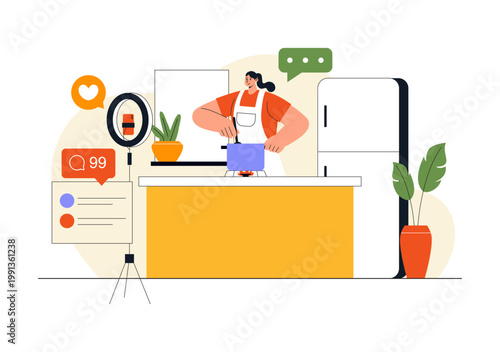 Cooking Blog Illustration Online Food Content Creator With Kitchen Setup Camera Live Streaming Recipe Tutorial and Social Media Engagement Design