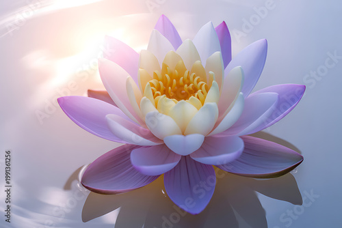 A serene white lotus flower with purple petals floating on water with sunlight