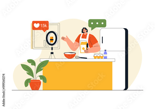 Cooking Blog Illustration Online Food Content Creator With Kitchen Setup Camera Live Streaming Recipe Tutorial and Social Media Engagement Design