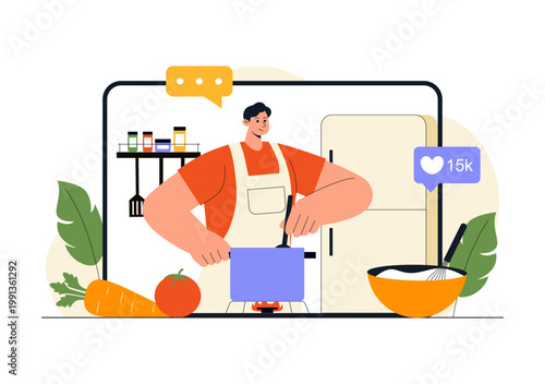 Cooking Blog Illustration Online Food Content Creator With Kitchen Setup Camera Live Streaming Recipe Tutorial and Social Media Engagement Design