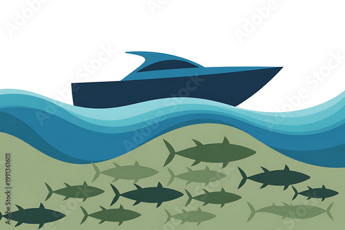 Illustration of a boat on wavy water with a school of fish underneath