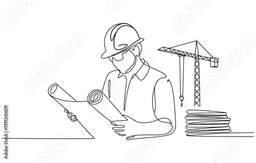 Continuous line drawing of foreman constructor engineer technician mechanic wearing safety helmet and holding blueprint paper design.