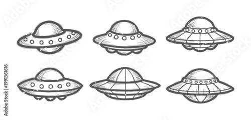 Six hand drawn flying saucer U F Os in a sketchy style alien spaceship