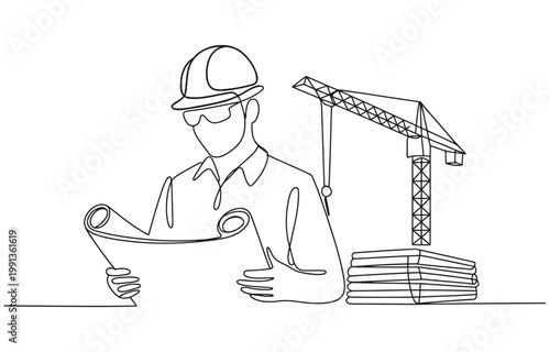 Continuous line drawing of foreman constructor engineer technician mechanic wearing safety helmet and holding blueprint paper design.