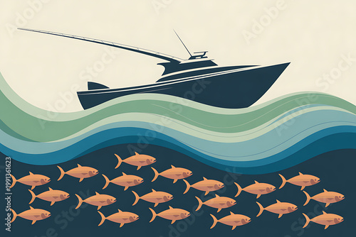 Illustration of a boat on wavy water with a school of fish underneath