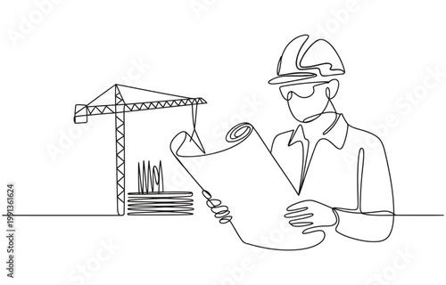 Continuous line drawing of foreman constructor engineer technician mechanic wearing safety helmet and holding blueprint paper design.