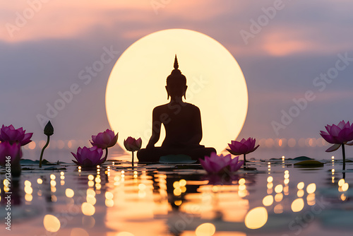 Buddha statue meditating on water with lotus flowers at sunset