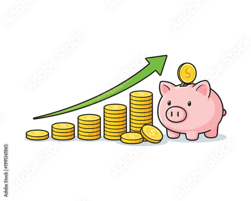 Savings Growth Concept with Piggy Bank Coins Stack and Upward Arrow Flat Vector Illustration