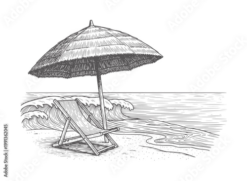 Vintage beach scene with straw umbrella and deck chair facing ocean waves deckchair