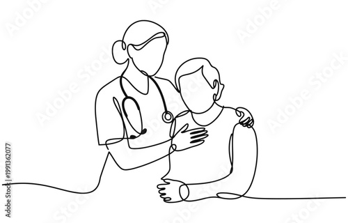 Continuous one line drawing of young nurse comforting elderly woman, elderly health care concept.