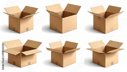 Six Open Cardboard Boxes on White Background for Moving and Shipping