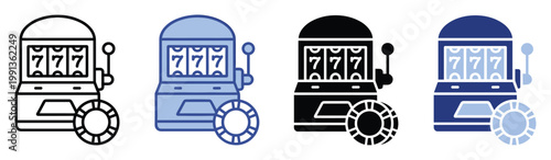 Slot machine icon set featuring triple seven jackpot symbols with casino chips for gaming apps and gambling promotions