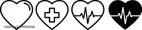 Four heart icons representing health and medical concepts in black and white