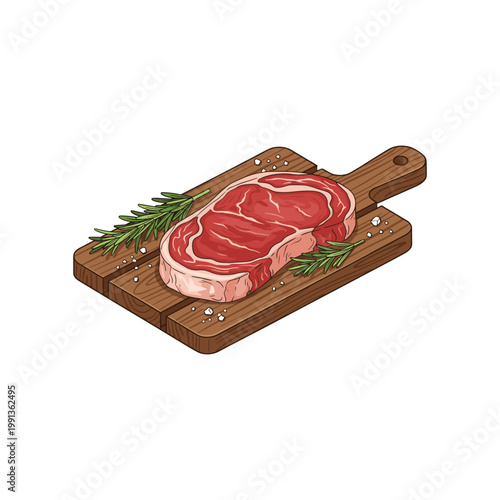 Raw Beef Steak Slice on Wooden Board with Rosemary Sprigs