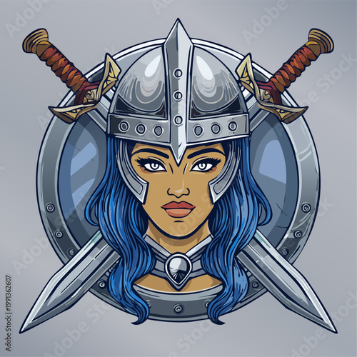 Fantasy Knight Woman Portrait With Crossed Swords And Shield, Determined Expression, Blue Hair, Medieval Armor, Flat Illustration Style