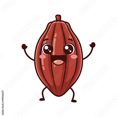 Smiling cartoon cocoa pod character with arms and rosy cheeks