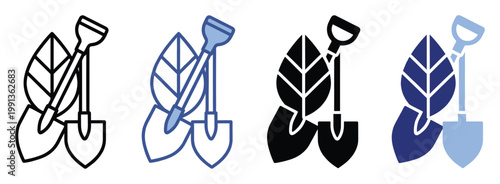 Essential gardening shovel and fresh plant leaf icons for agriculture and ecofriendly cultivation projects