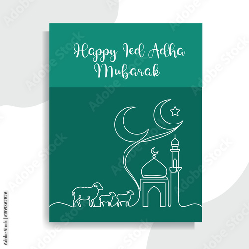 Happy Eid al-Adha Mubarak greeting card with minimalist line art of mosque, crescent moons, star, and sheep on a teal background.