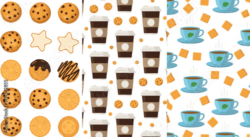 Seamless coffee cups and cookies patterns collection with biscuits, takeaway drinks and snacks vector illustration backgrounds set