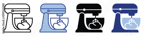 Stand mixer kitchen appliance icon set for food preparation applications, websites, and user interfaces