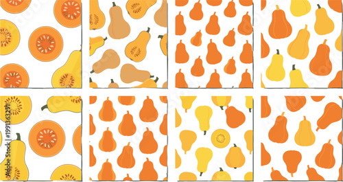 Seamless pumpkin and squash patterns collection with autumn vegetables, colorful gourds and slices vector illustration backgrounds set
