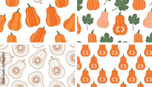 Seamless pumpkin patterns collection with autumn gourds, leaves and slices, fall seasonal background vector illustration set