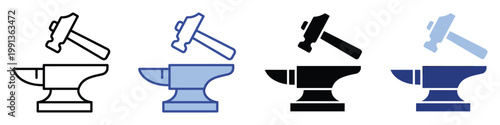 Blacksmiths hammer striking an anvil for industrial strength and manual labor application graphics