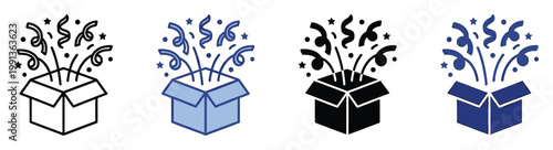 Festive open box with bursting confetti and streamers perfect for celebrating special moments and surprising customers