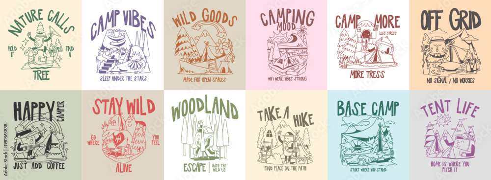 Obraz premium Vintage Camping T shirt Designs Bundle for Print. Retro Summer Cartoon Set, Adventure, Nature Lover, Hiking with Funny Character Vector Illustration Packs. Groovy Camping Doodle for Badge, Emblem