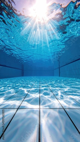 Underwater view of bright sunlight shining into a refreshing swimming pool with clear turquoise water and tiled floor creating abstract reflections