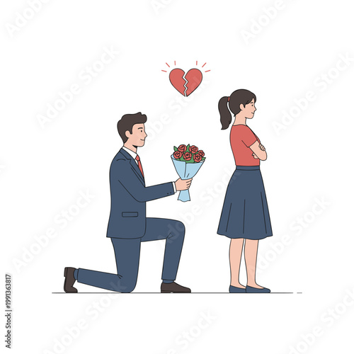 Man Kneeling Proposing with Bouquet Broken Heart Floating Above