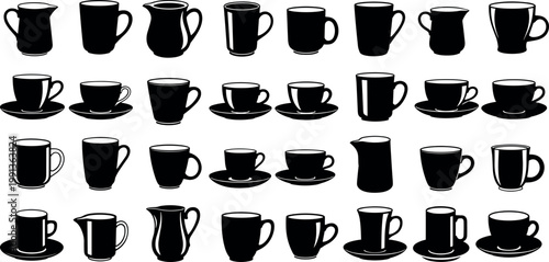 Set of black coffee cup and mug silhouettes, teacups and pitchers collection isolated on white vector illustration