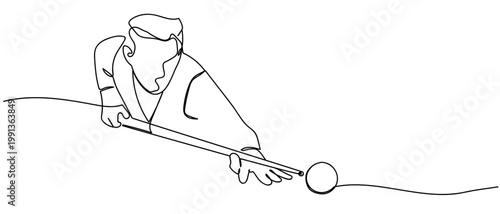 The snooker player is taking a shot. in continuous one line drawing. Minimalistic Doodle vector illustration Editable stroke.