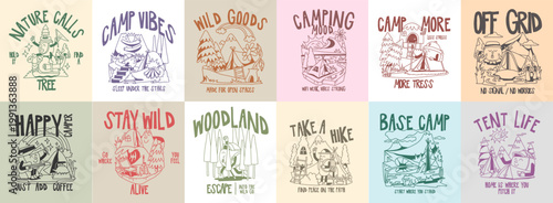 Vintage Camping T shirt Designs Bundle for Print. Retro Summer Cartoon Set, Adventure, Nature Lover, Hiking with Funny Character Vector Illustration Packs. Groovy Camping Doodle for Badge, Emblem