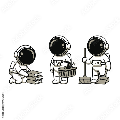 Astronauts cleaning space station with broom and dustpan