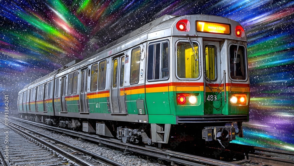Fototapeta premium Colorful Transit Train on Tracks at Night