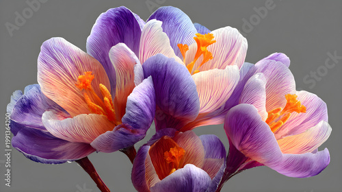 A beautiful macro closeup of pink and purple spring crocus blossoms and blue iris petals blooming in a lush nature garden