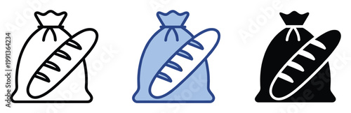 Flour sack and fresh baked bread loaf icon representing baking ingredients and food preparation for culinary themes