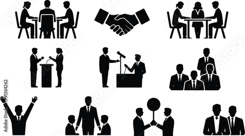 Business meeting silhouette icons handshake teamwork negotiation presentation corporate people discussion partnership leadership office vector isolated black figures set
