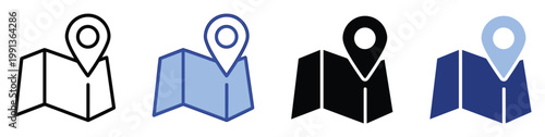 Map and location pin icons illustrating navigation, destination, and travel for various digital platforms