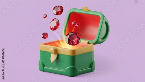 Open treasure chest overflowing with sparkling red rubies, glowing light bursting out, gems floating upward, reward, luxury, discovery